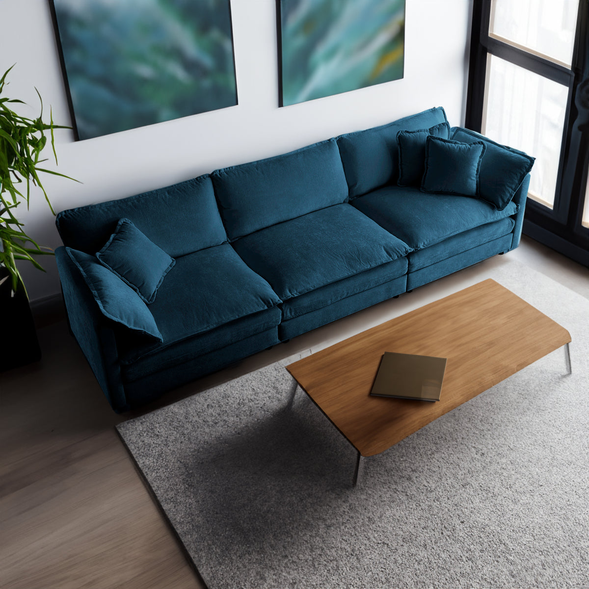 Mid-Century Modern Couch 3-Seater Sofa with 2 Armrest Pillows and 3 Toss Pillows
