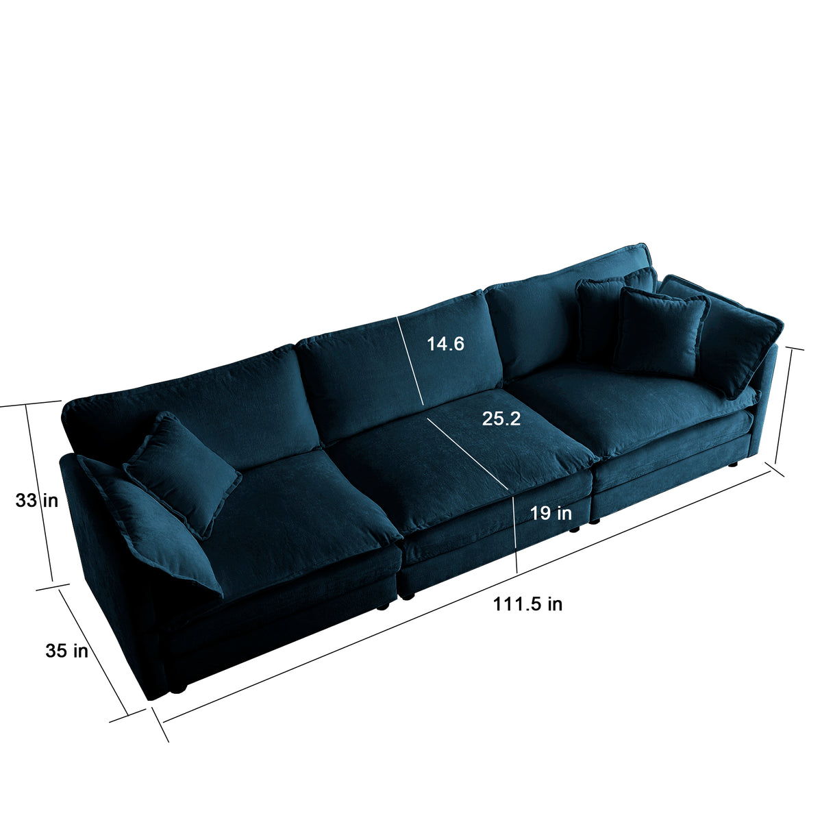 Mid-Century Modern Couch 3-Seater Sofa with 2 Armrest Pillows and 3 Toss Pillows